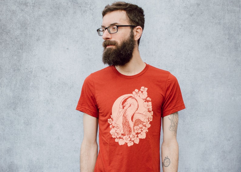 Nasturtium and Heron Brick Red Tri Blend Screen Printed Unisex Tee image 4