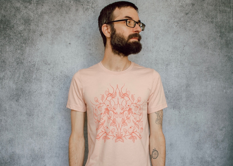 Mouse and Strawberry Peachy Pink Screen Printed Unisex Tee image 4