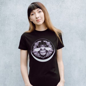 Honey Bee and Crescent Moon Floral Unisex Black T-Shirt image 5