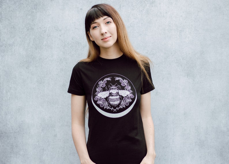 Honey Bee and Crescent Moon Floral Unisex Black T-Shirt image 5