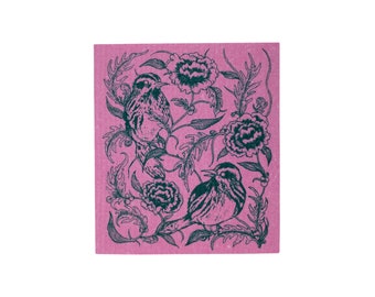 Floral Bird Pink Swedish Dish Cloth Sponge