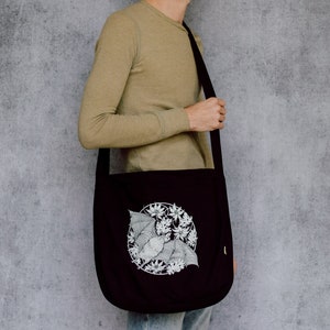 Vampire Bat and Floral Black Organic Cotton Slouch Bag