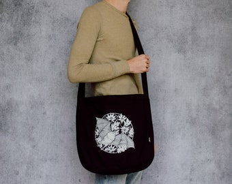 Vampire Bat and Floral Black Organic Cotton Slouch Bag