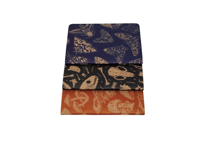 A set of three kraft cardstock pocket notebooks with natural illustration patters on the outside. One is print in blue ink with moths, one is black ink with skulls, and the third is red ink with various mushrooms and fungi.