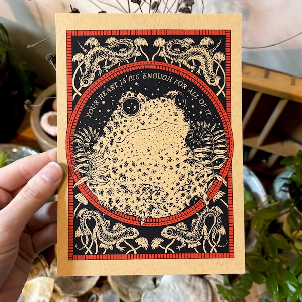 Toad and Salamander Art Print: Hand Printed Red and Black Illustration