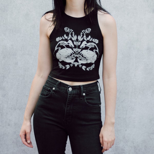 Cat and Mouse Skeleton Botanical Screen Print Punk Crop Top