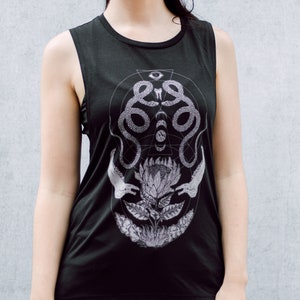 Geometric Snake and Bone and Moon Phases Floral Women's Slouch Black Muscle Tank