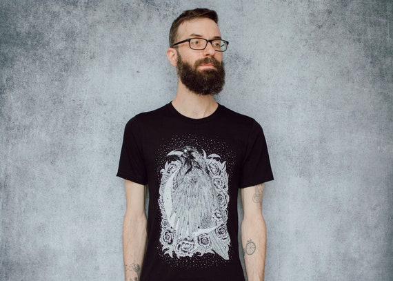 Raven and Crescent Moon Black Screen Print Punk T-Shirt