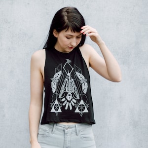 Geometric Hanging Bat Skeleton Black Screen Printed Punk Racerback Crop Top image 3