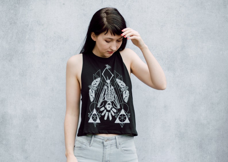 Geometric Hanging Bat Skeleton Black Screen Printed Punk Racerback Crop Top image 3