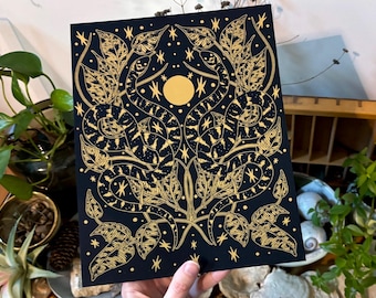Midas Print No. 3 Gold Foil Matte Golden Tree Snakes and Pothos Shrine Print