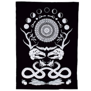 May include: Black and white tapestry featuring a circular mandala design with a deer skull, snake, and moon phases.