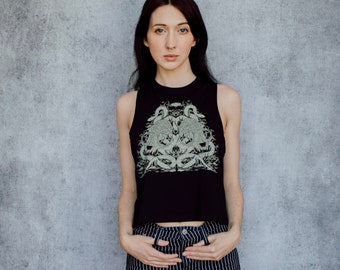 Cat Skull and Snakes Screen Printed Punk Racerback Crop Top