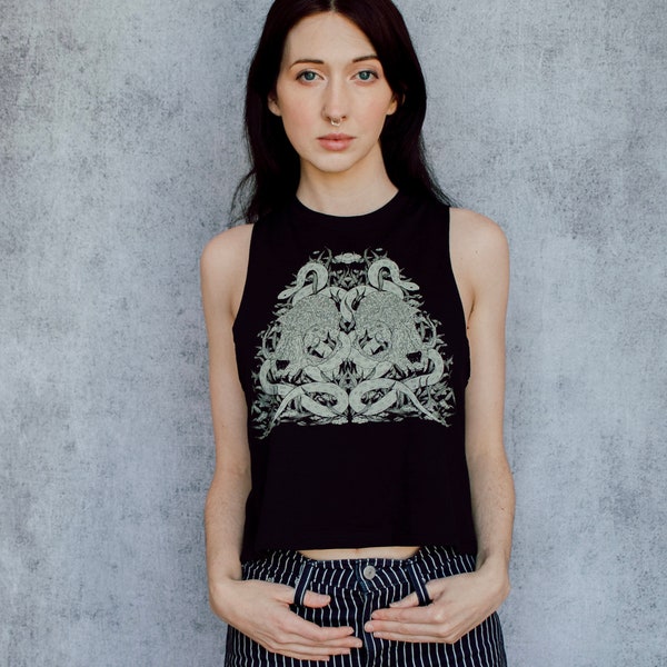 Cat Skull and Snakes Screen Printed Punk Racerback Crop Top