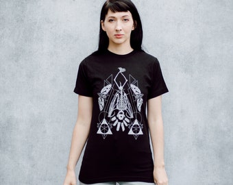 Geometric Hanging Bat Skeleton Black Screen Printed Punk Unisex T-Shirt