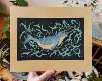 Hand Screen Print Narwhal Three Colors on Natural Kraft Art Print