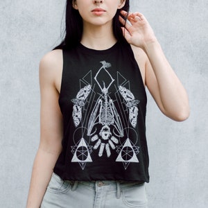 Geometric Hanging Bat Skeleton Black Screen Printed Punk Racerback Crop Top image 2