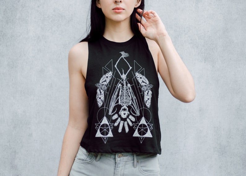 Geometric Hanging Bat Skeleton Black Screen Printed Punk Racerback Crop Top image 2