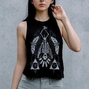 Geometric Hanging Bat Skeleton Black Screen Printed Punk Racerback Crop Top