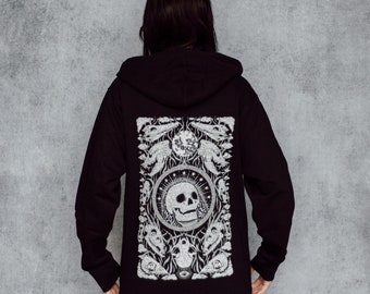 The Ossuary Skull Shrine Black Zip Up Screen Print Punk Moon Phase Fleece Hoodie