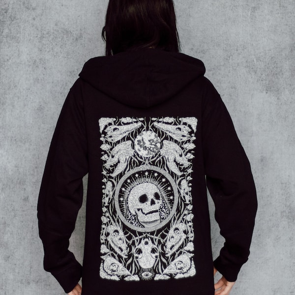 The Ossuary Skull Shrine Black Zip Up Screen Print Punk Moon Phase Fleece Hoodie