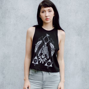 Geometric Hanging Bat Skeleton Black Screen Printed Punk Racerback Crop Top image 6