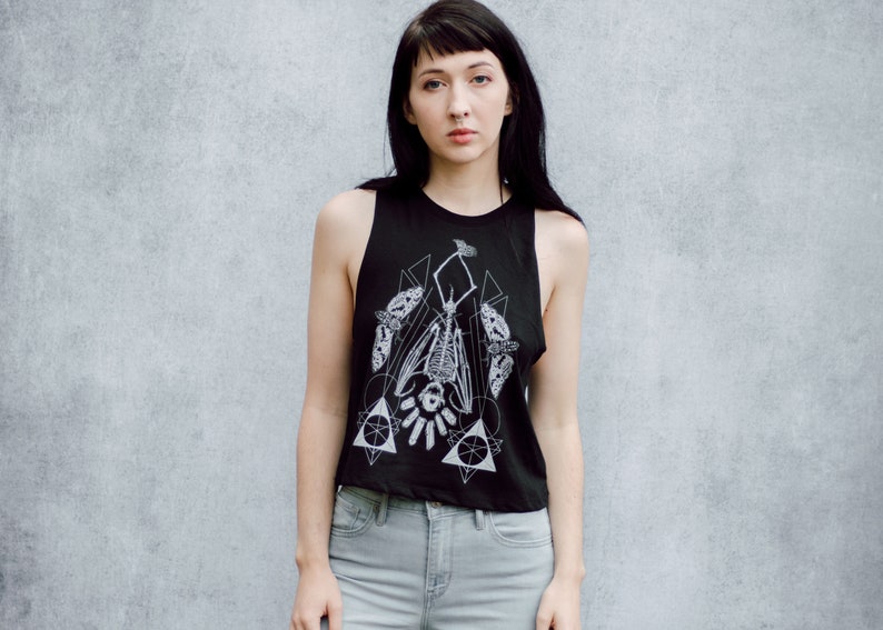 Geometric Hanging Bat Skeleton Black Screen Printed Punk Racerback Crop Top image 6