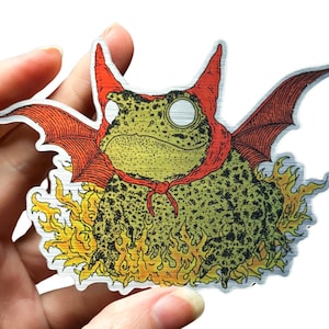 May include: A green toad wearing a red cape and wings, with flames surrounding it. The toad has a large, round eye and a small, pointed nose.