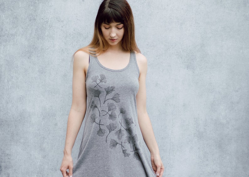 Ginkgo Leaf Heather Grey Screen Print Mini Tank Dress image 7