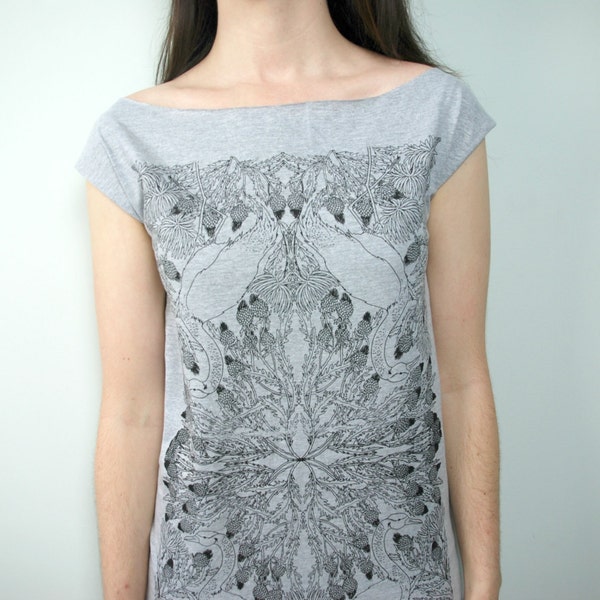CLEARANCE Crane and Thistle Off The Shoulder Heather Grey Screen Printed Jersey Dress