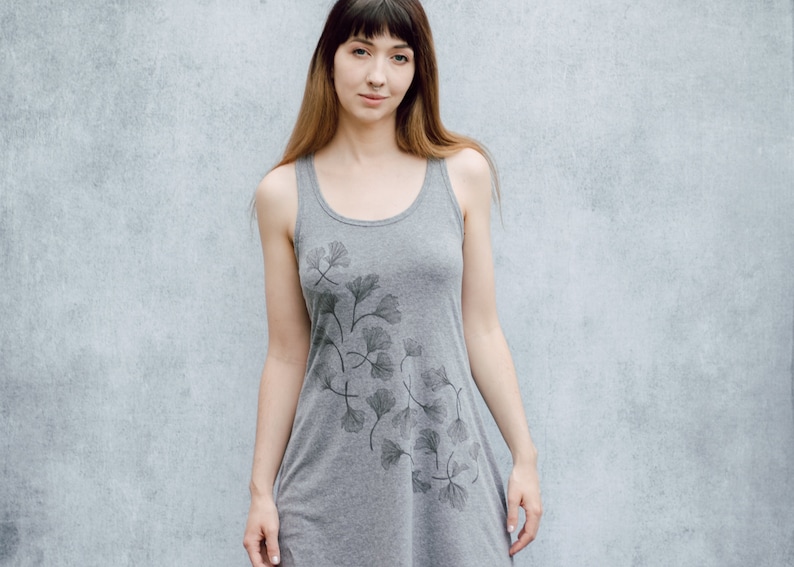 Ginkgo Leaf Heather Grey Screen Print Mini Tank Dress