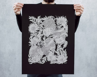 Bats and Night Blooming Cactus Open Edition Black and White Screen Printed Poster