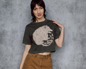 ポッサム アシッドウォッシュ クロップドTシャツ ハンドスクリーンプリント