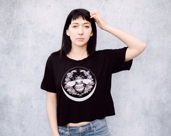 Honey Bee Screen Print Punk Black Open Neck Crop Tee