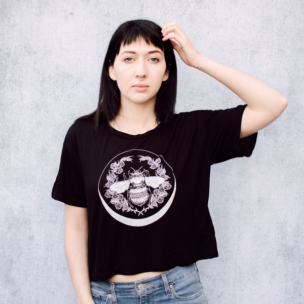 Honey Bee Screen Print Punk Black Open Neck Crop Tee