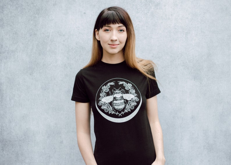 Honey Bee and Crescent Moon Floral Unisex Black T-Shirt image 3