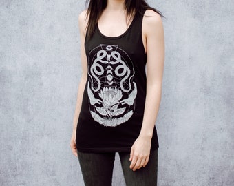 Geometric Snake and Bone and Moon Phases Floral Unisex Black Tank