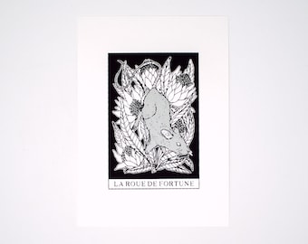 Serigrafía del Tarot de la Rueda de la Fortuna en Negro y Plata