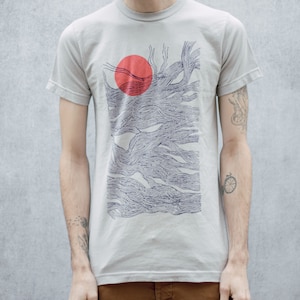 Sun and Waves Abstract Screen Printed Grey T-Shirt image 1