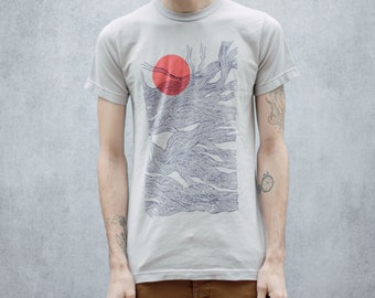 Sun and Waves Abstract Screen Printed Grey T-Shirt