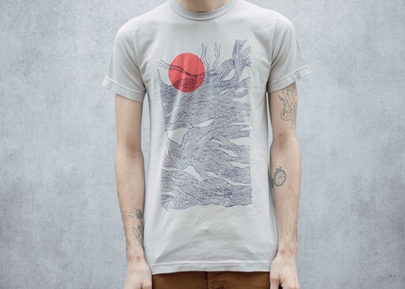Sun and Waves Abstract Screen Printed Grey T-Shirt