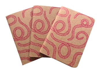 Puede incluir: Tres cuadernos pequeños con cubiertas de papel kraft. Cada cuaderno presenta un patrón repetitivo de líneas rojas y onduladas. Los cuadernos están ligeramente apilados, mostrando el diseño en las cubiertas.