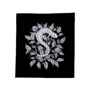 May include: A black and white illustration of a spotted salamander on a black background. The salamander is curled up on a branch of a plant with leaves.