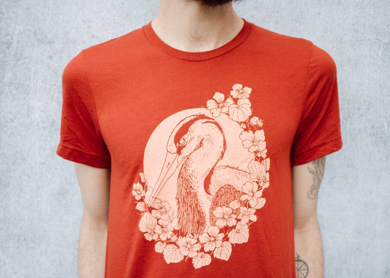 Nasturtium and Heron Brick Red Tri Blend Screen Printed Unisex Tee image 2