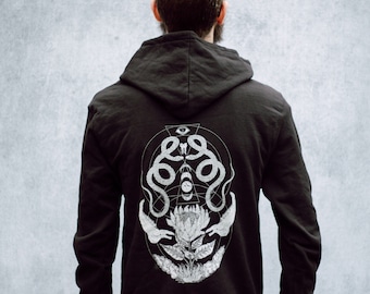 Geometric Snake and Bone and Moon Phases Floral Black Zip Up Screen Print Punk Fleece Hoodie