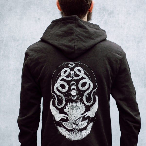 Geometric Snake and Bone and Moon Phases Floral Black Zip Up Screen Print Punk Fleece Hoodie