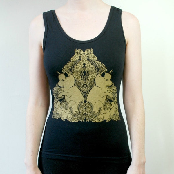 CLEARANCE Gold Metallic Fox Pups Botanical Spandex Tank Top