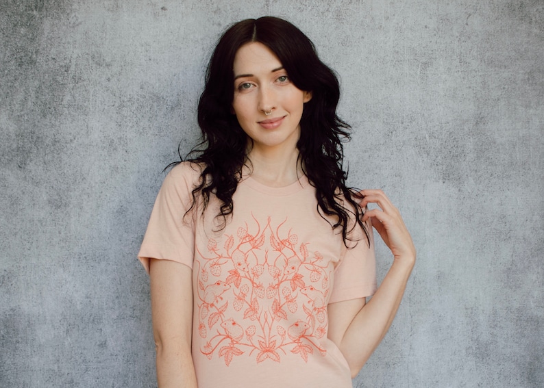 Mouse and Strawberry Peachy Pink Screen Printed Unisex Tee image 1