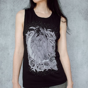Raven and Crescent Moon Black Screen Print Women&#39;s Slouch Muscle Tank
