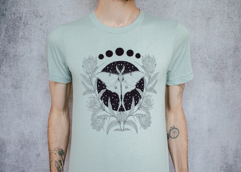 Luna Moth and Protea Flower Seafoam Unisex T-Shirt image 5